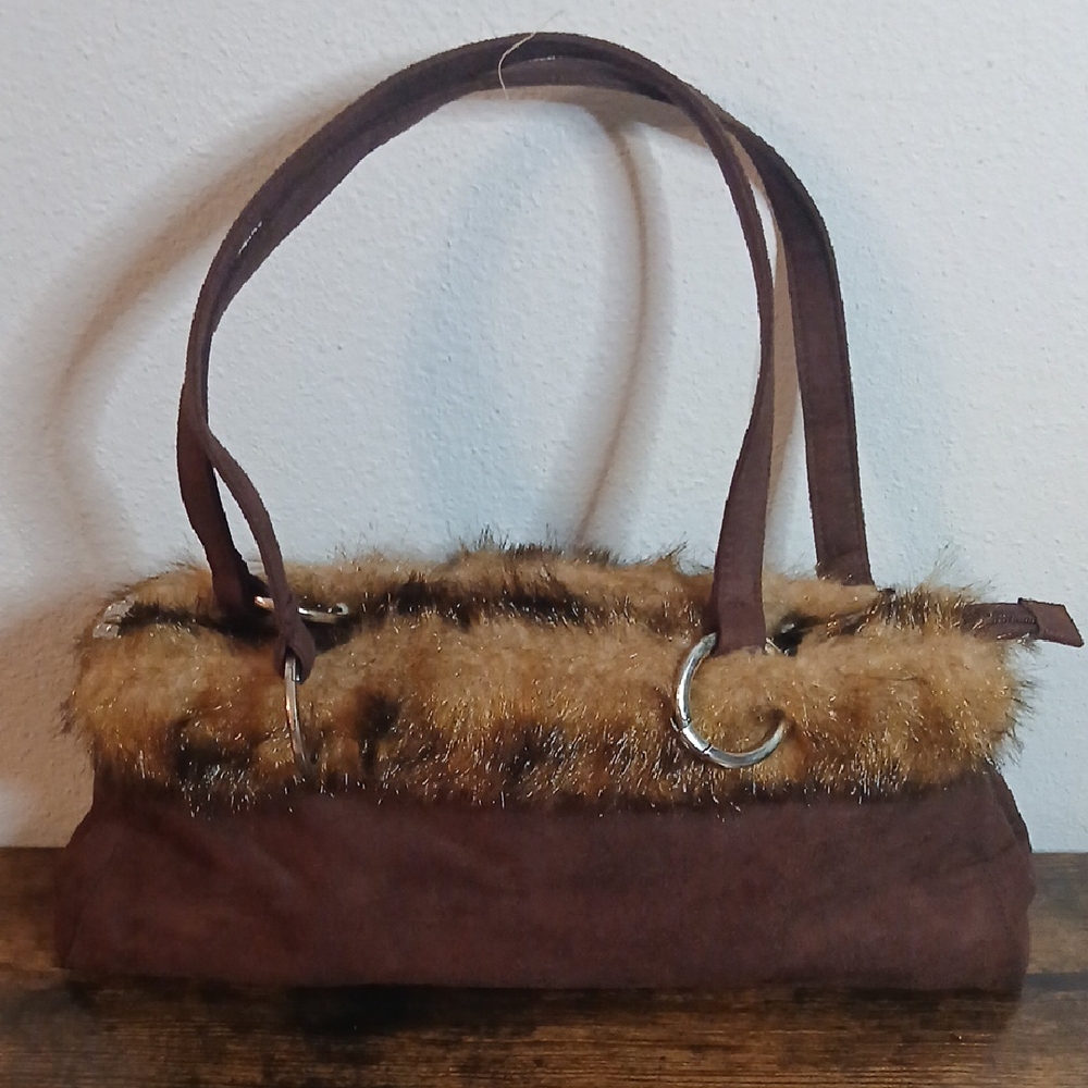 Brown Faux Fur Trimmed Women's Bag